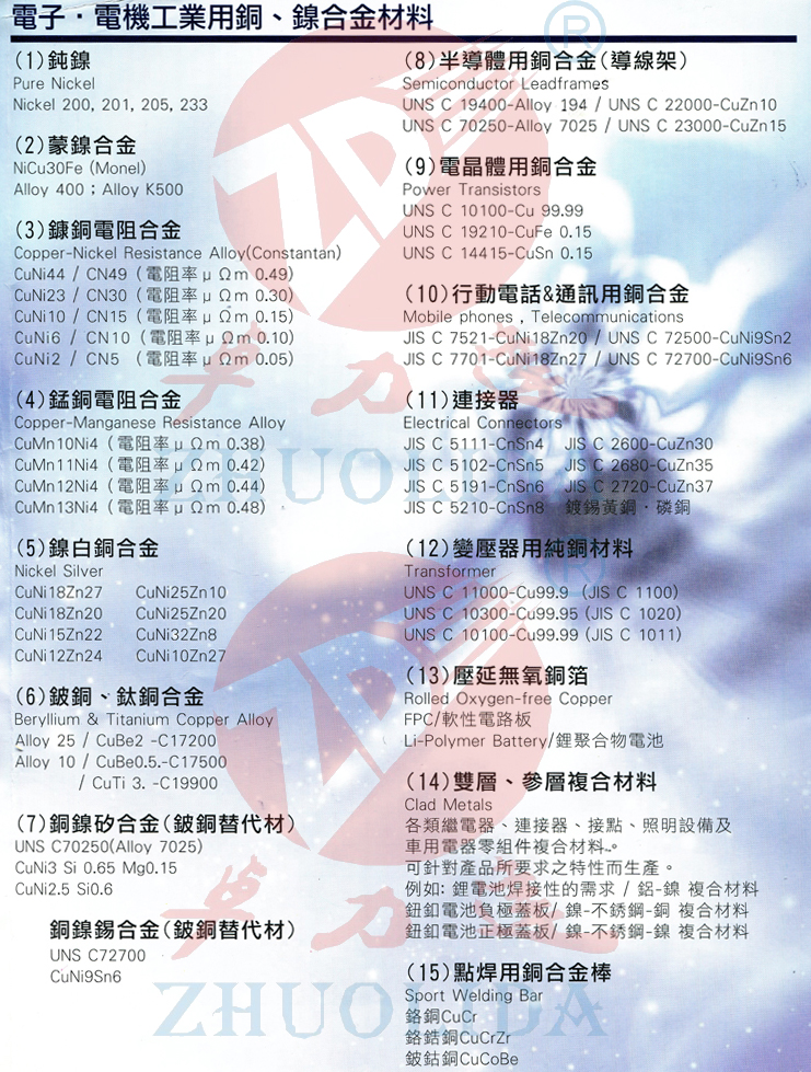 電子，電機工業用銅，鎳合金材料表